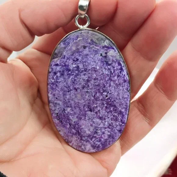 Huge Purple Charoite Sterling Silver Pendant Oval Slab 3" Long 26.4g - Picture 2 of 9